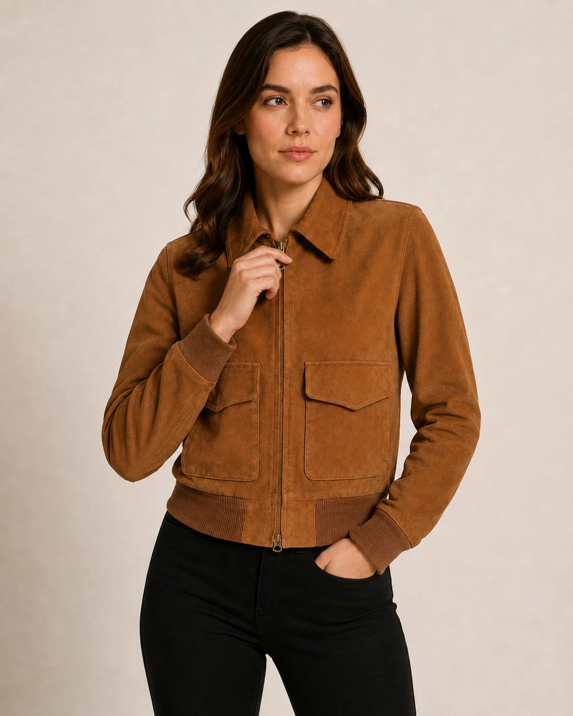 Womens Camel Lauren Brown Suede Bomber Jacket