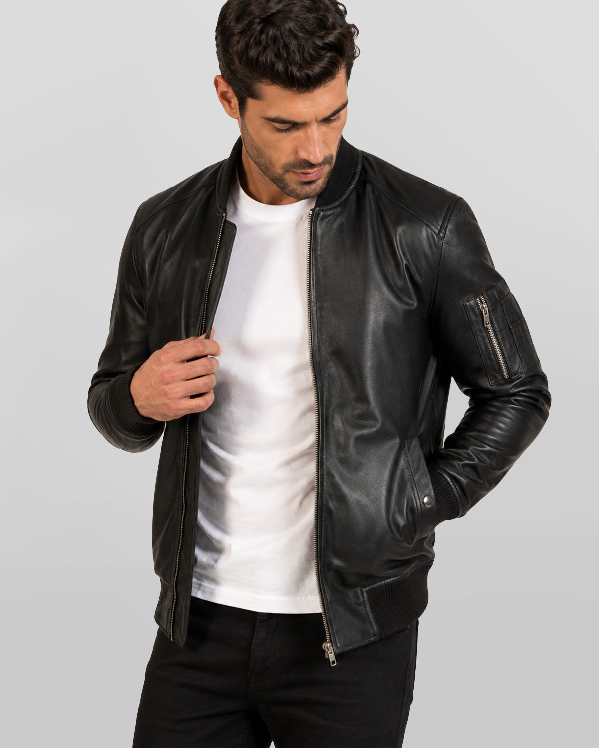 Men's Ma-1 Black Leather Bomber Jacket