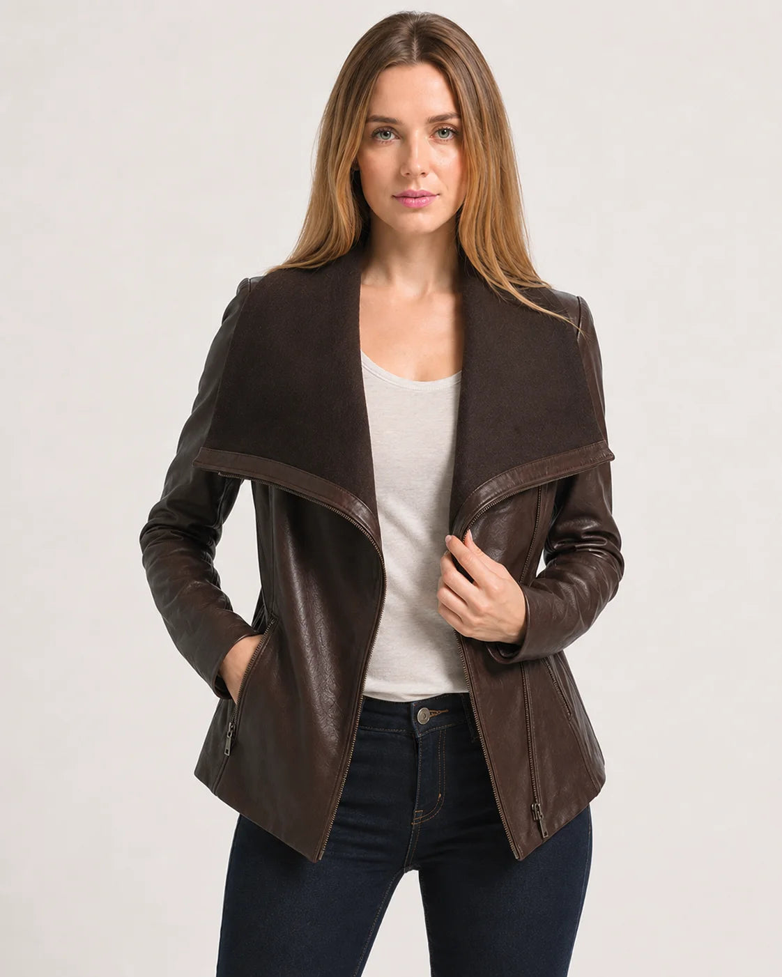 Women's Brown Wool and Leather Drape Collar Jacket
