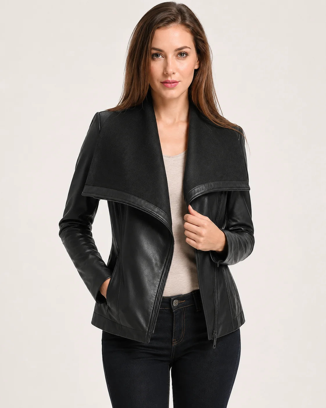 Women's Black Wool and Leather Drape Collar Jacket