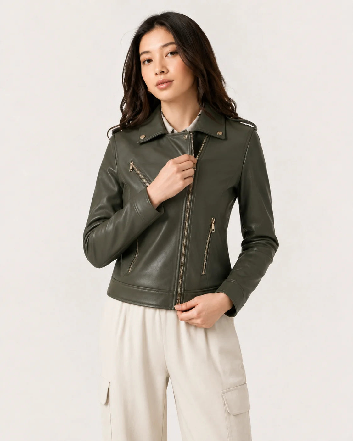 Women's Green Lambskin Leather Biker Jacket with Asymmetrical Zip