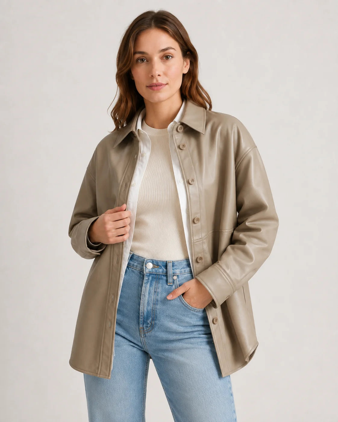 Beige Leather Shirt Jacket Womens