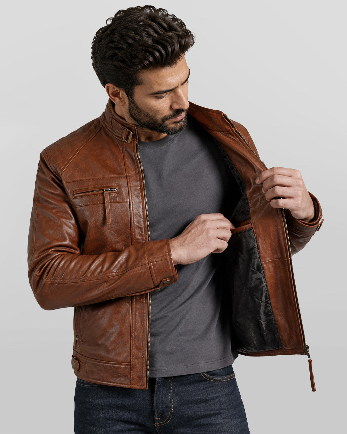 Men's Quilted Shoulders Café Racer Cognac Leather Jacket