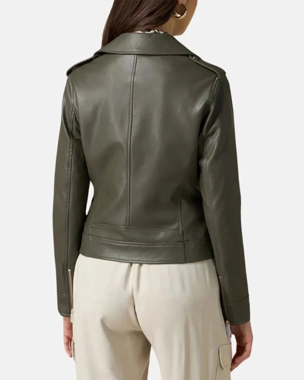 Women's Green Lambskin Leather Biker Jacket with Asymmetrical Zip