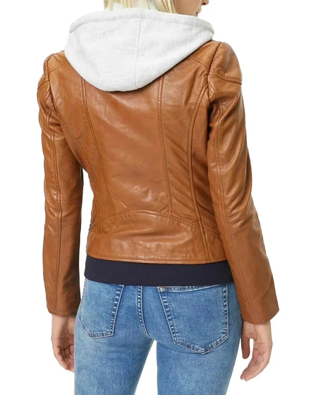 Women's Cognac Brown Leather Moto Jacket with Removable Hood