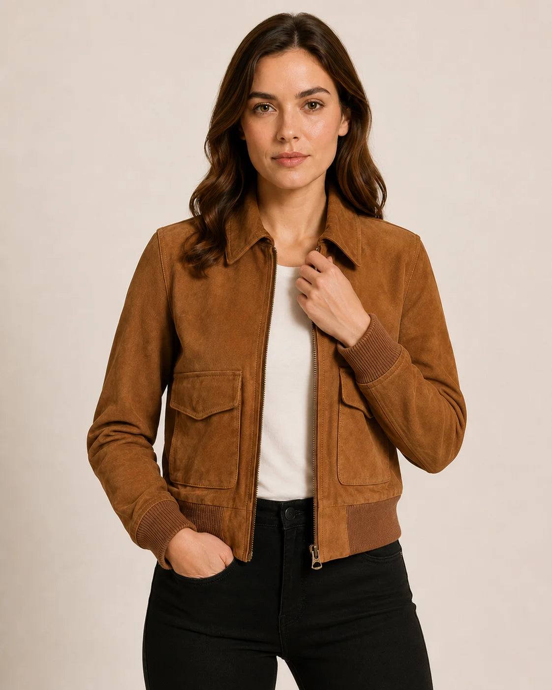 Womens Camel Lauren Brown Suede Bomber Jacket