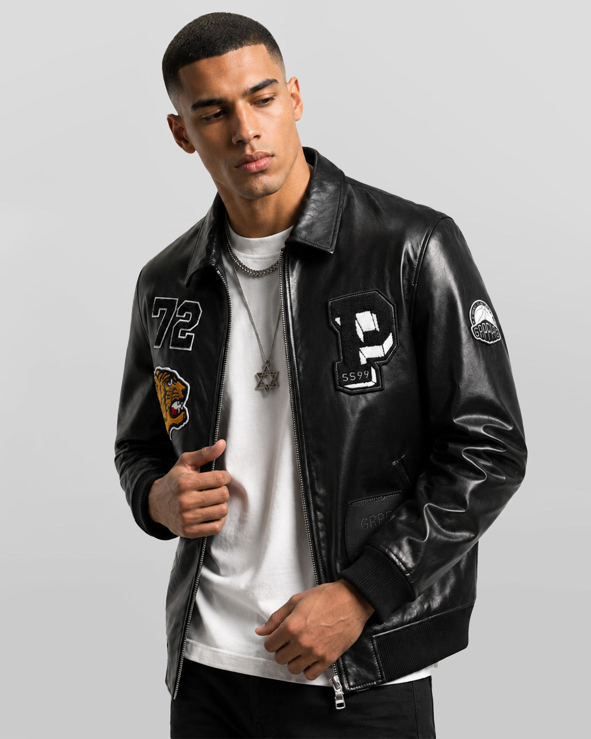 Mens Patched Black Bomber Leather Jacket