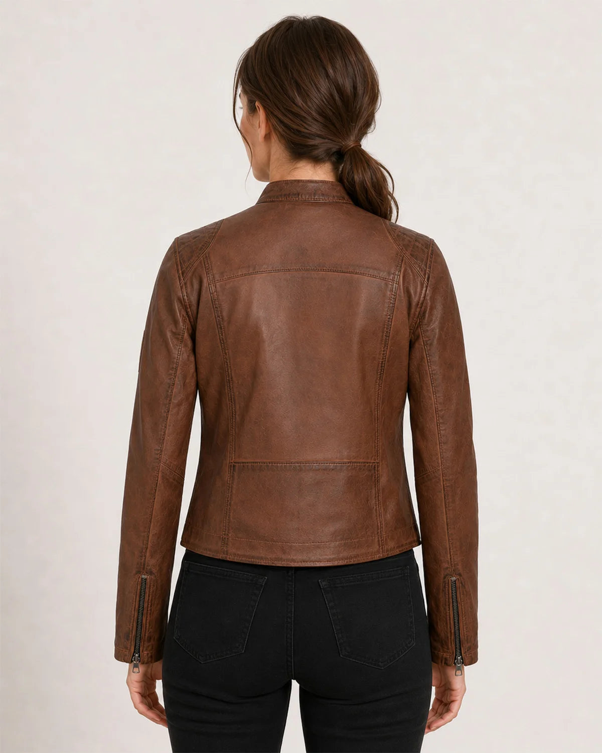 Women's Distressed Brown Leather Biker Jacket — Quilted Shoulder
