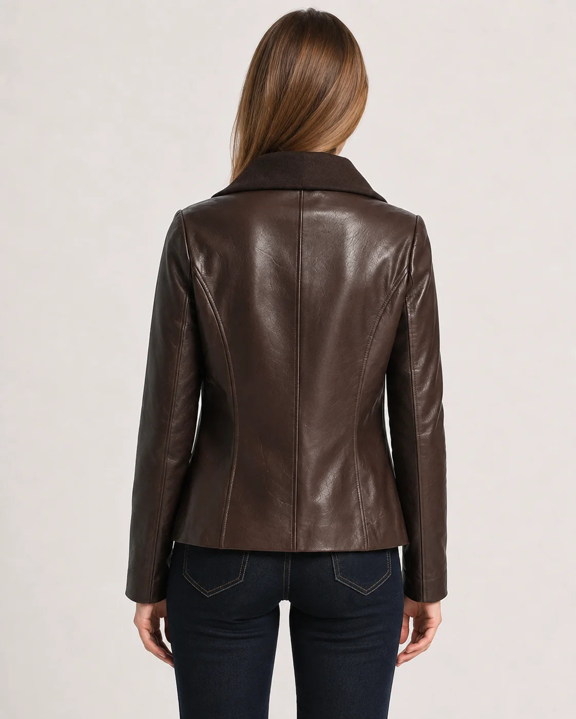 Women's Brown Wool and Leather Drape Collar Jacket