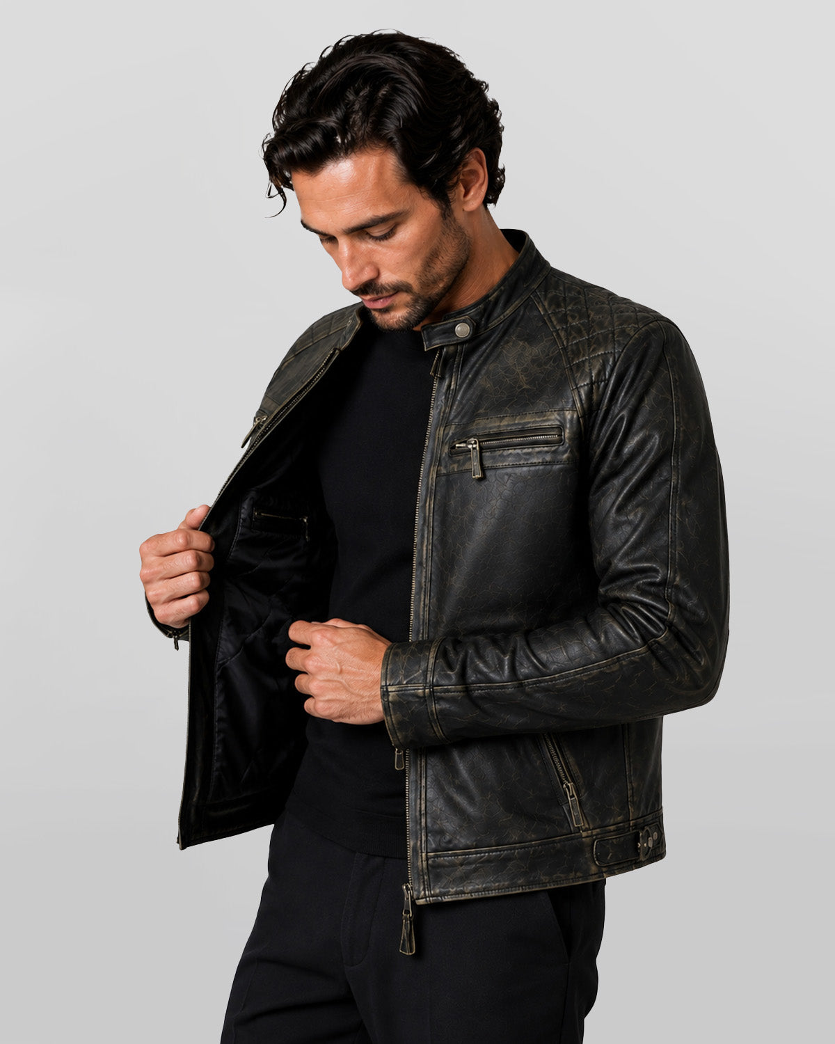 Mens Distressed Real Lambskin Black Leather Biker Jacket