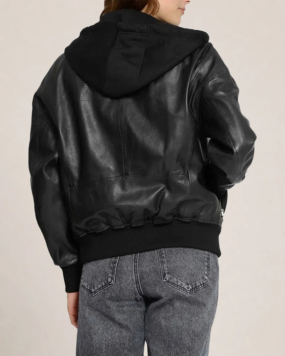 Women's Black Leather Bomber Jacket with Removable Hood