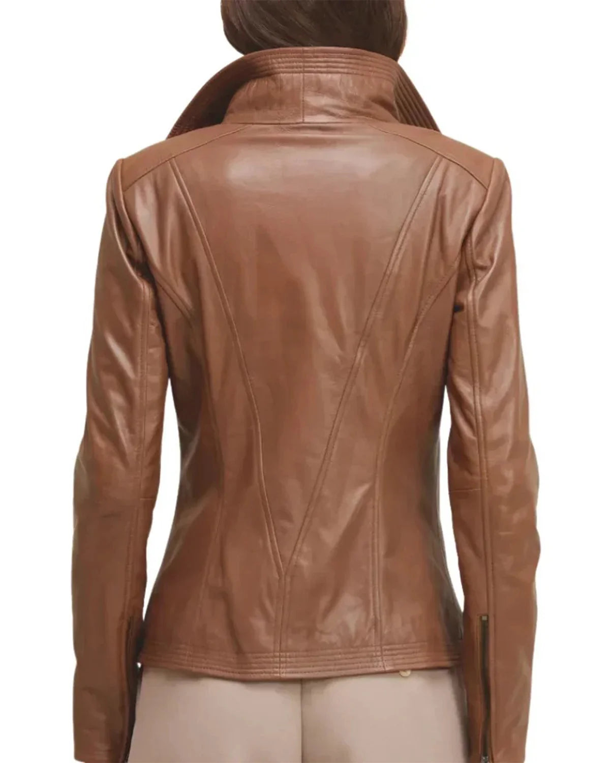 Women's Tan Moto Leather Jacket with Wide Lapel Collar