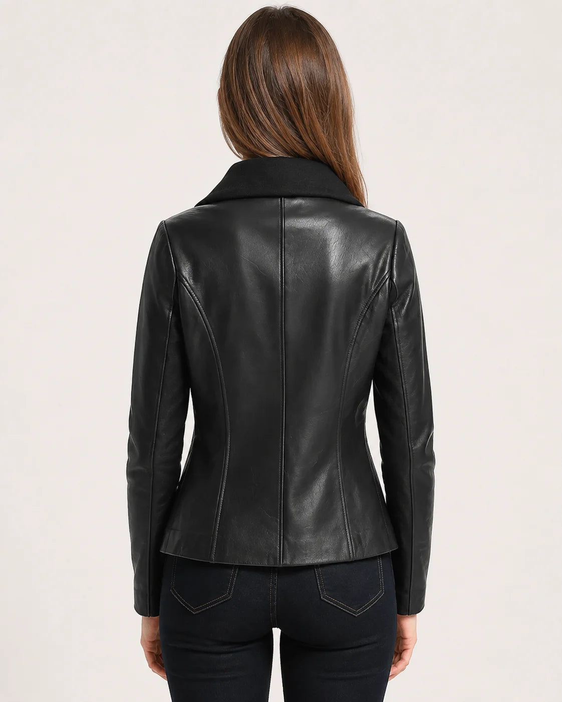 Women's Black Wool and Leather Drape Collar Jacket