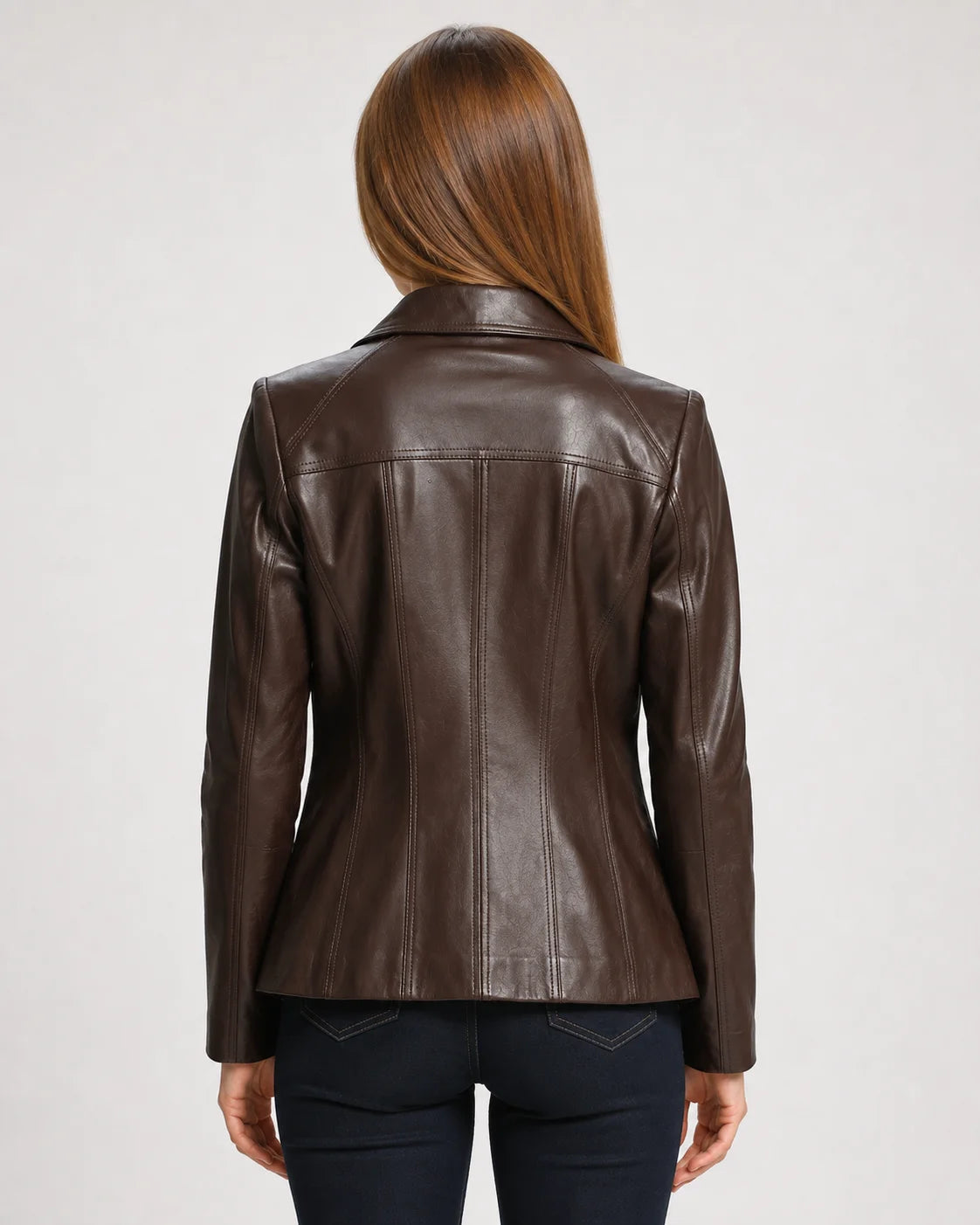 Women's Brown Shirt Collar Zip Up Leather Jacket