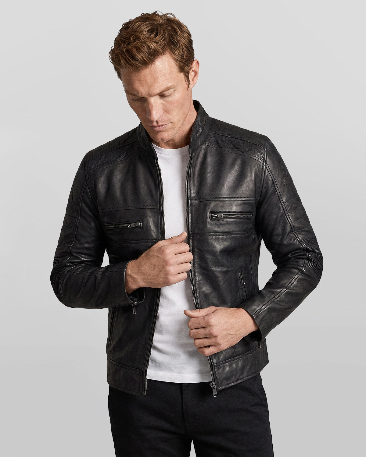 Men's Real Lambskin Black Cafe Racer Leather Jacket