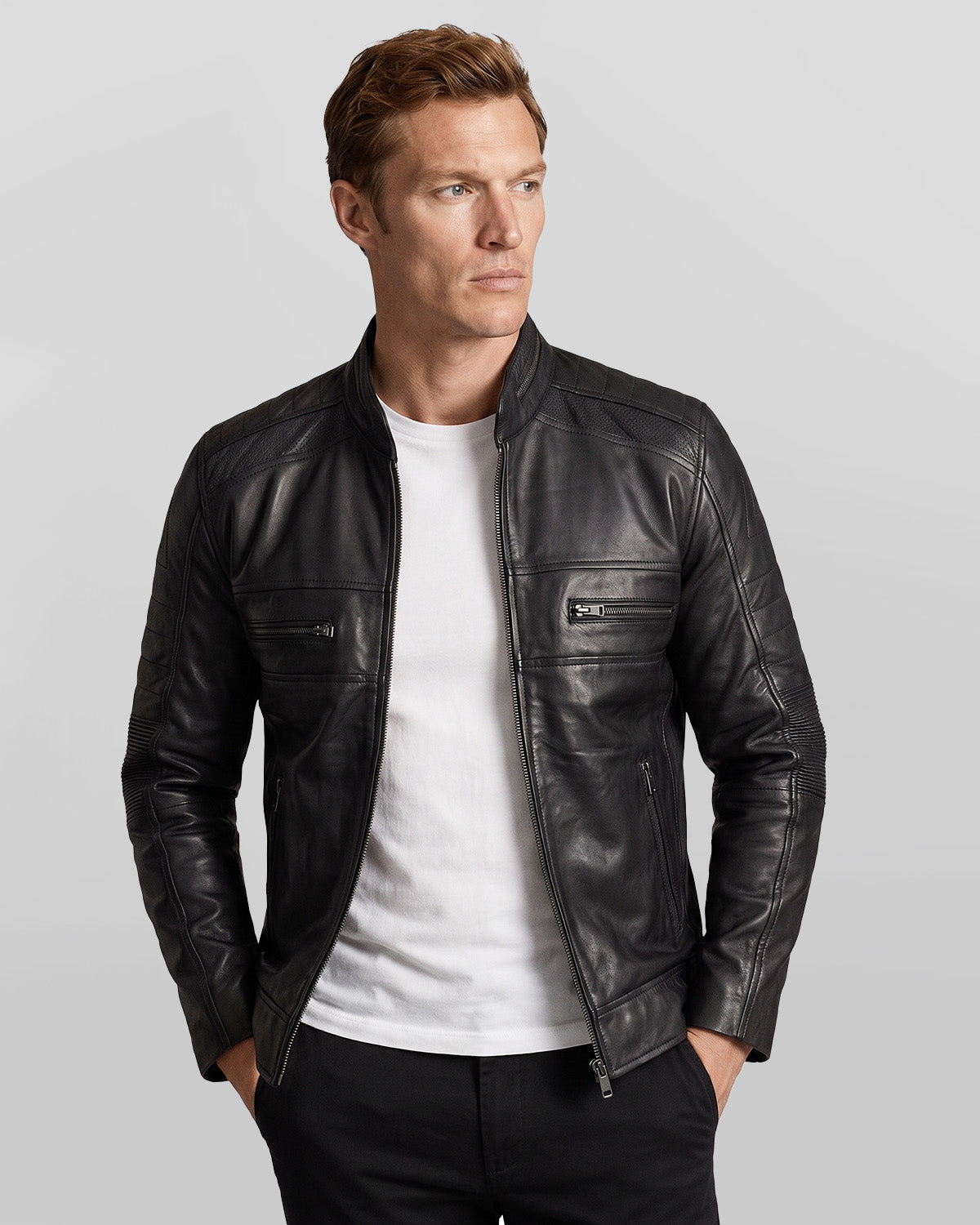 Men's Real Lambskin Black Cafe Racer Leather Jacket