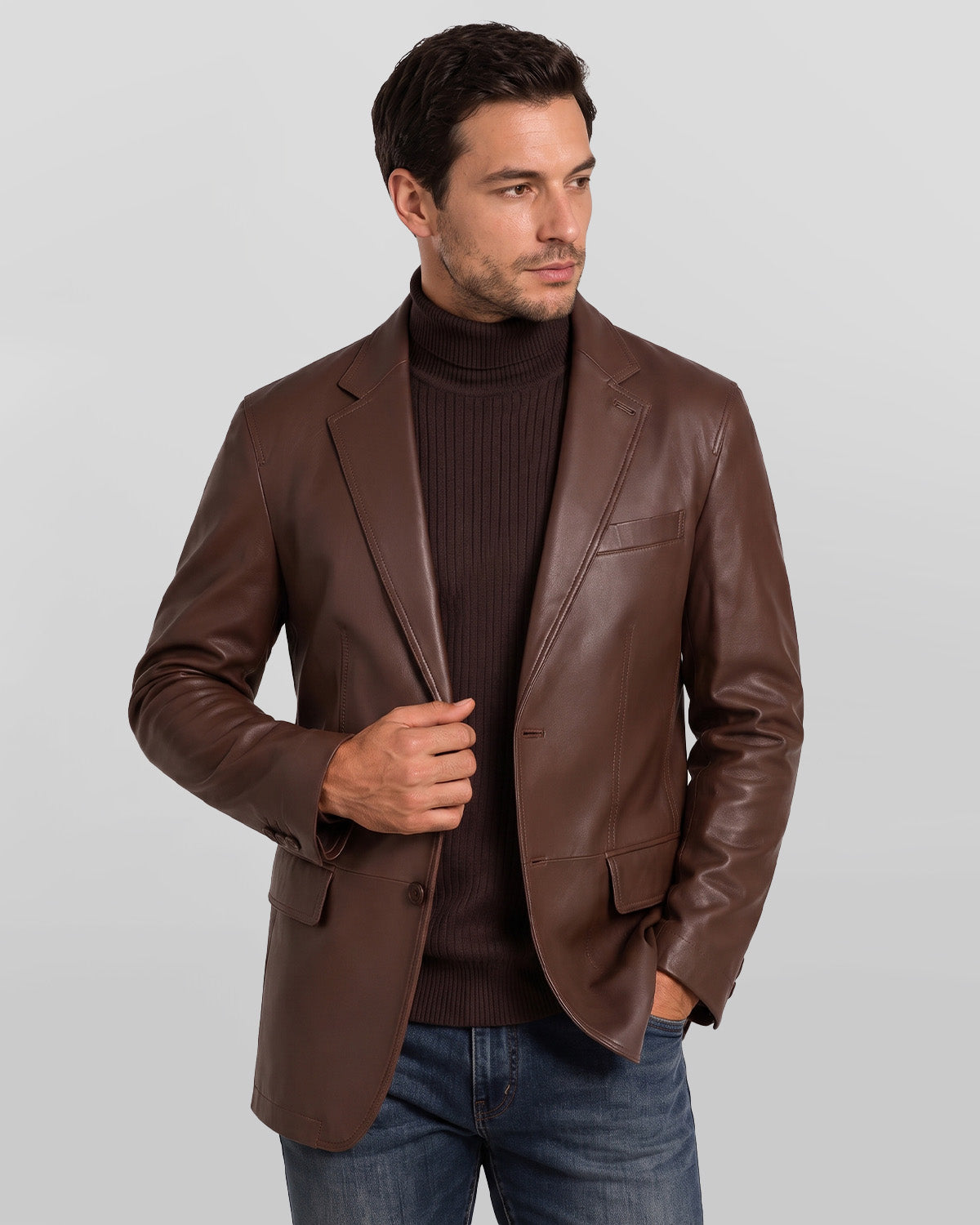 Mens Two Button Notch Lapel Chocolate Brown Leather Blazer