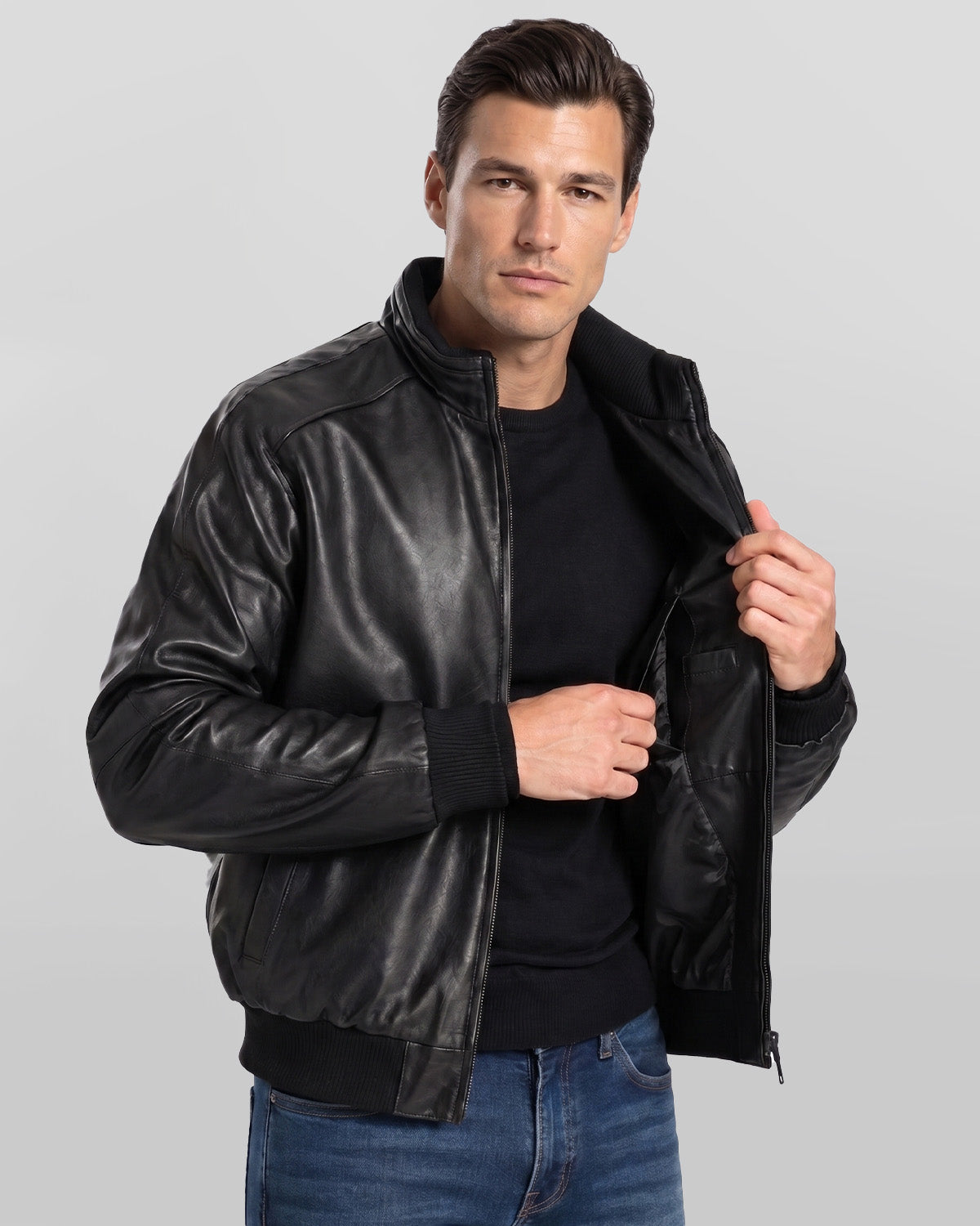 Men's Real Lambskin Black Leather Bomber Jacket