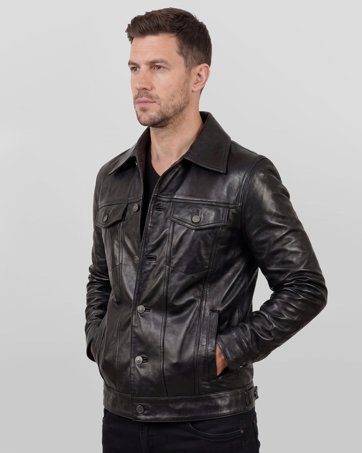 Men's Holland Black Real Leather Trucker Jacket