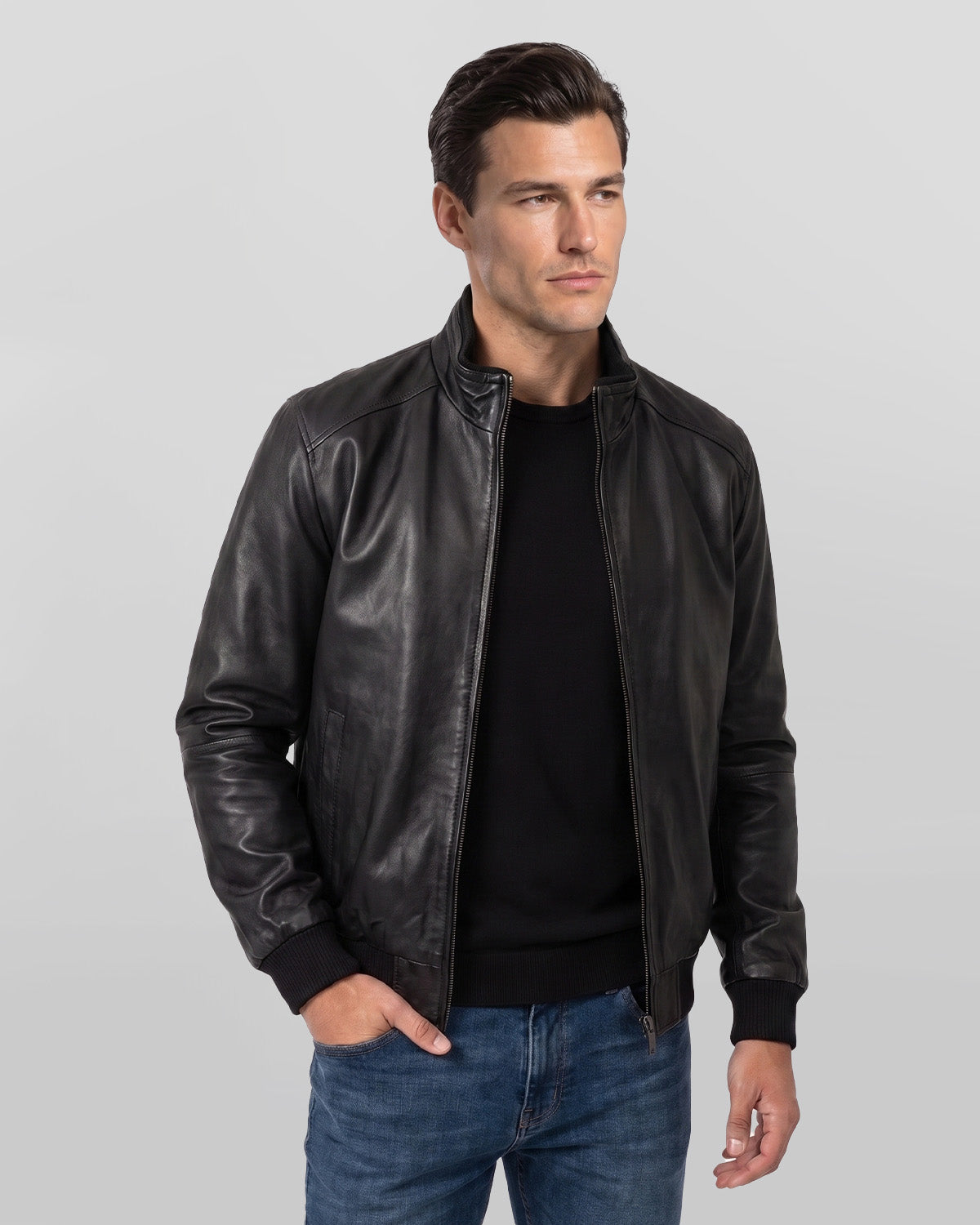 Men's Real Lambskin Black Leather Bomber Jacket