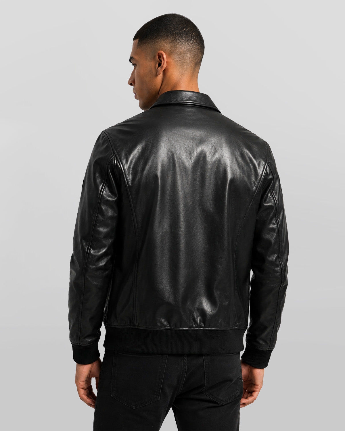 Mens Patched Black Bomber Leather Jacket