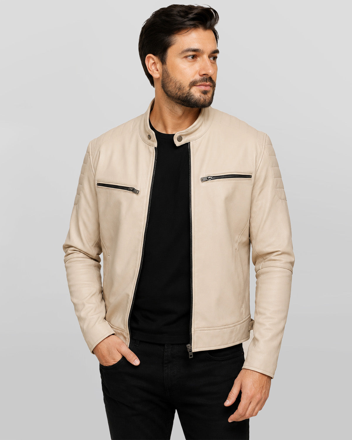 Men's Beige Café Racer Real Leather Jacket