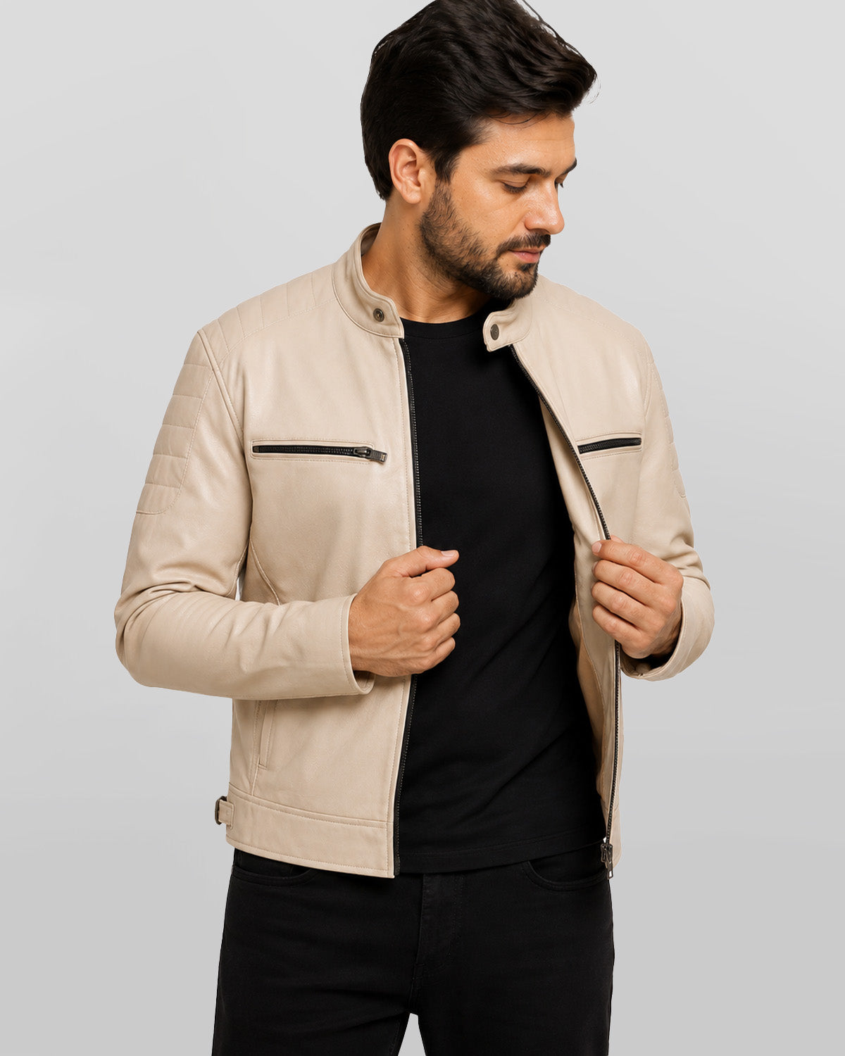 Men's Beige Café Racer Real Leather Jacket