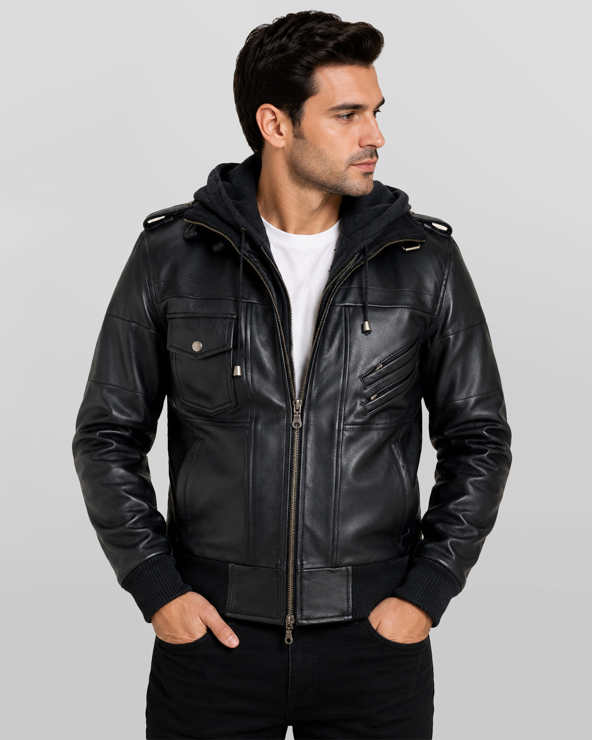 Men's Black Lambskin Leather Jacket with Hood