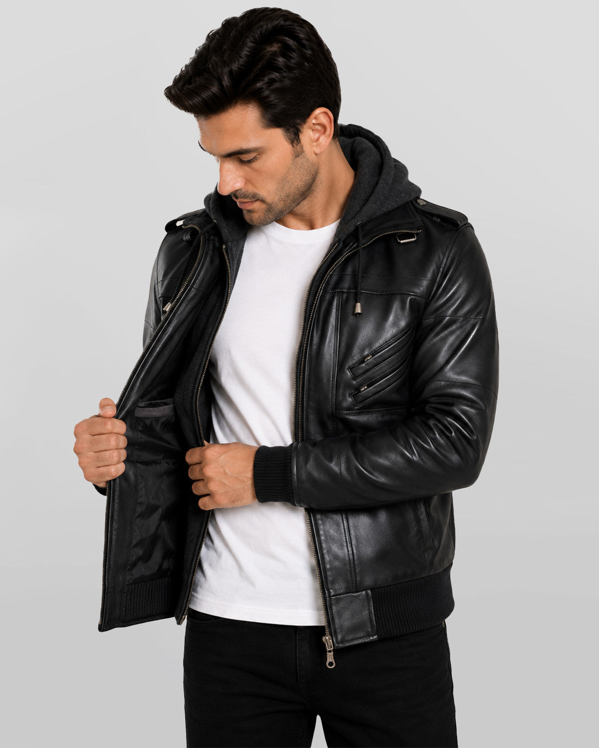 Men's Black Lambskin Leather Jacket with Hood