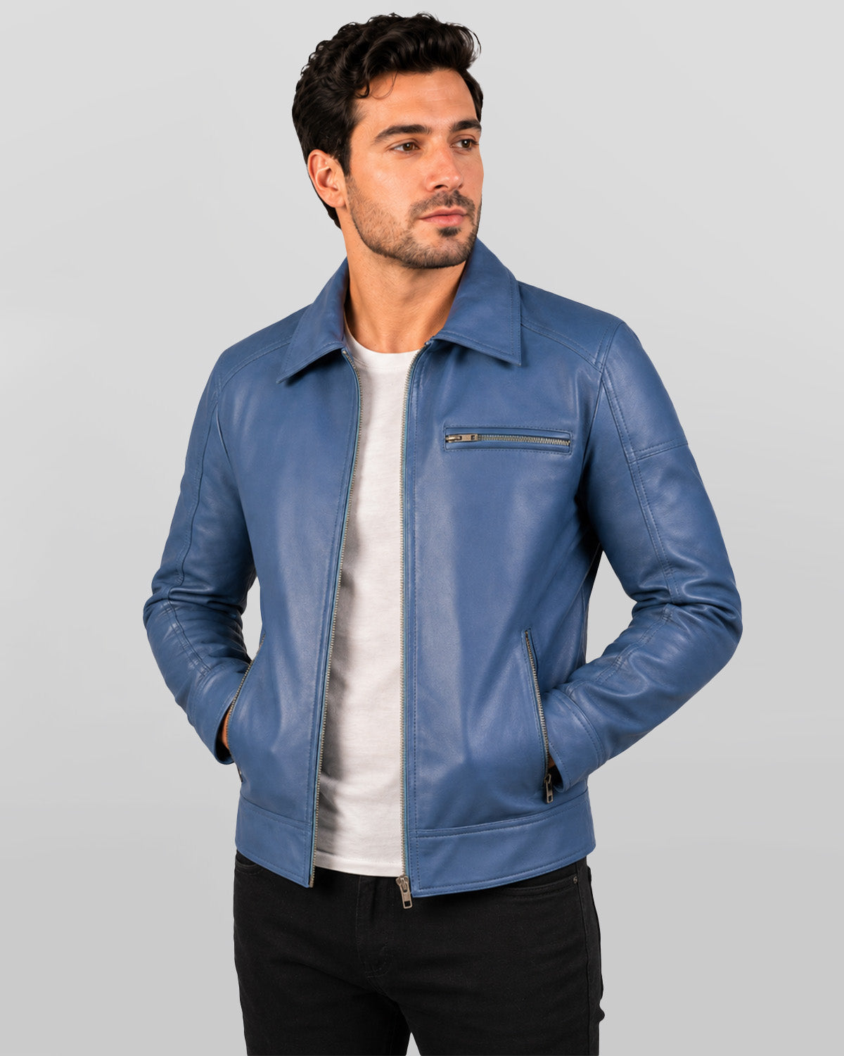Men's Blue Leather Harrington Jacket with Shirt Collar