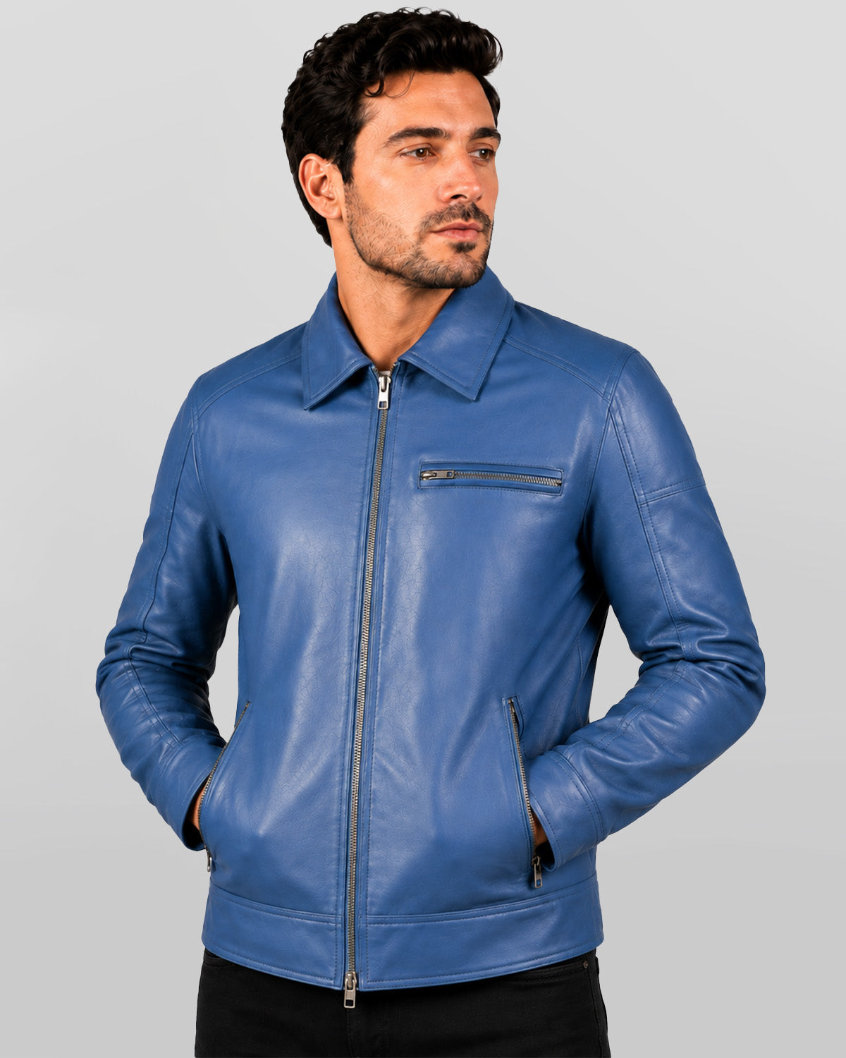 Men's Blue Leather Harrington Jacket with Shirt Collar