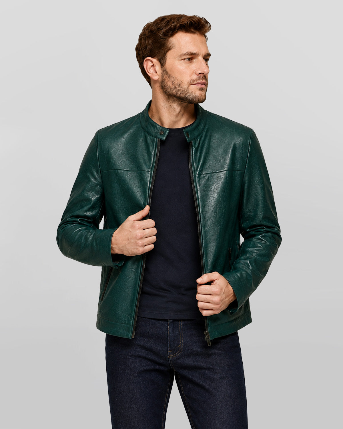 Men's Green Quilted Croco Style Cafe Racer Leather Jacket