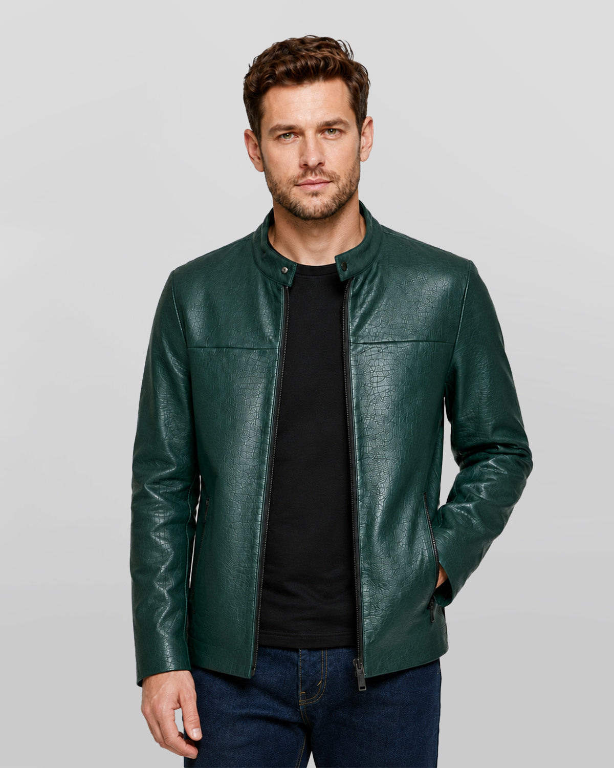 Men's Green Quilted Croco Style Cafe Racer Leather Jacket