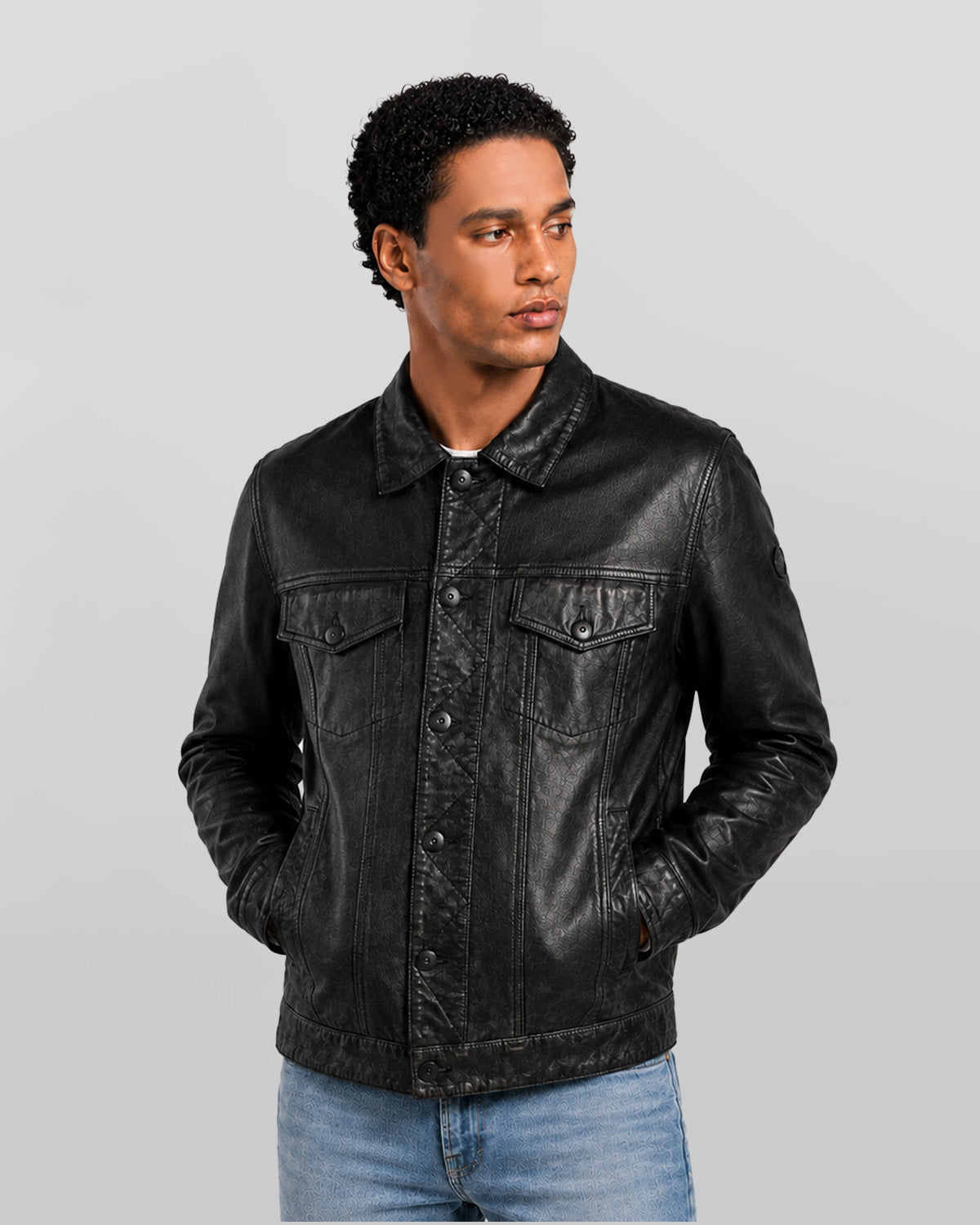 Mens Washed Black Leather Trucker Style Jacket