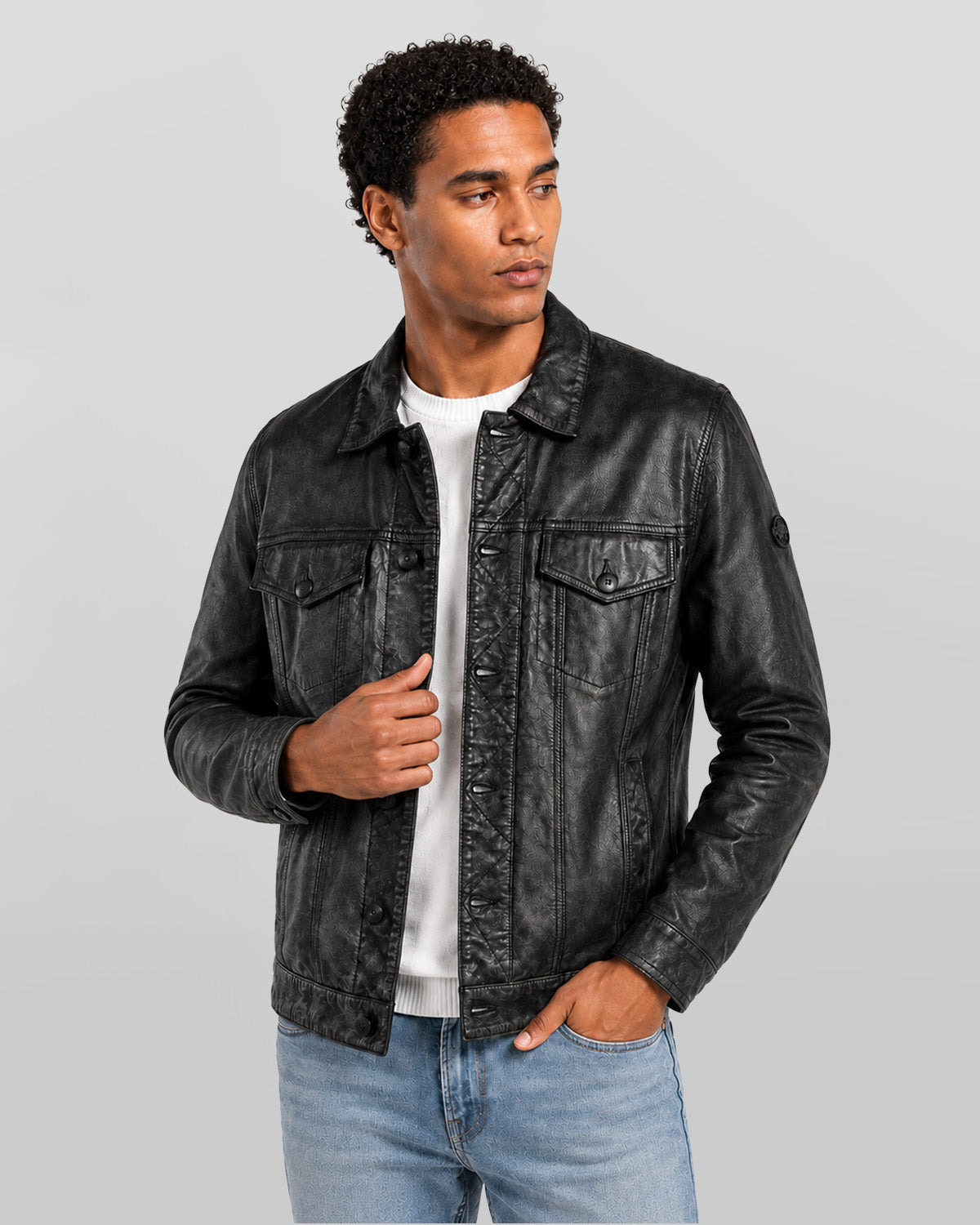 Mens Washed Black Leather Trucker Style Jacket