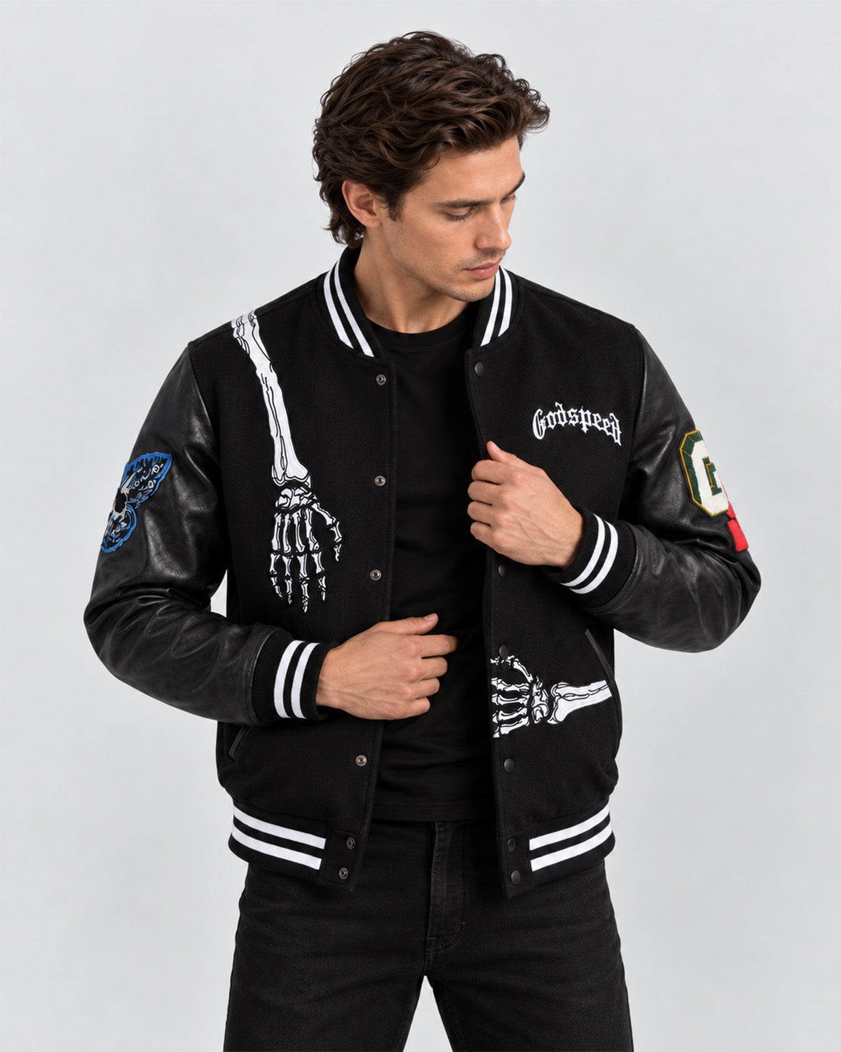 Men’s Skeleton Graphic Leather Sleeve Varsity Jacket