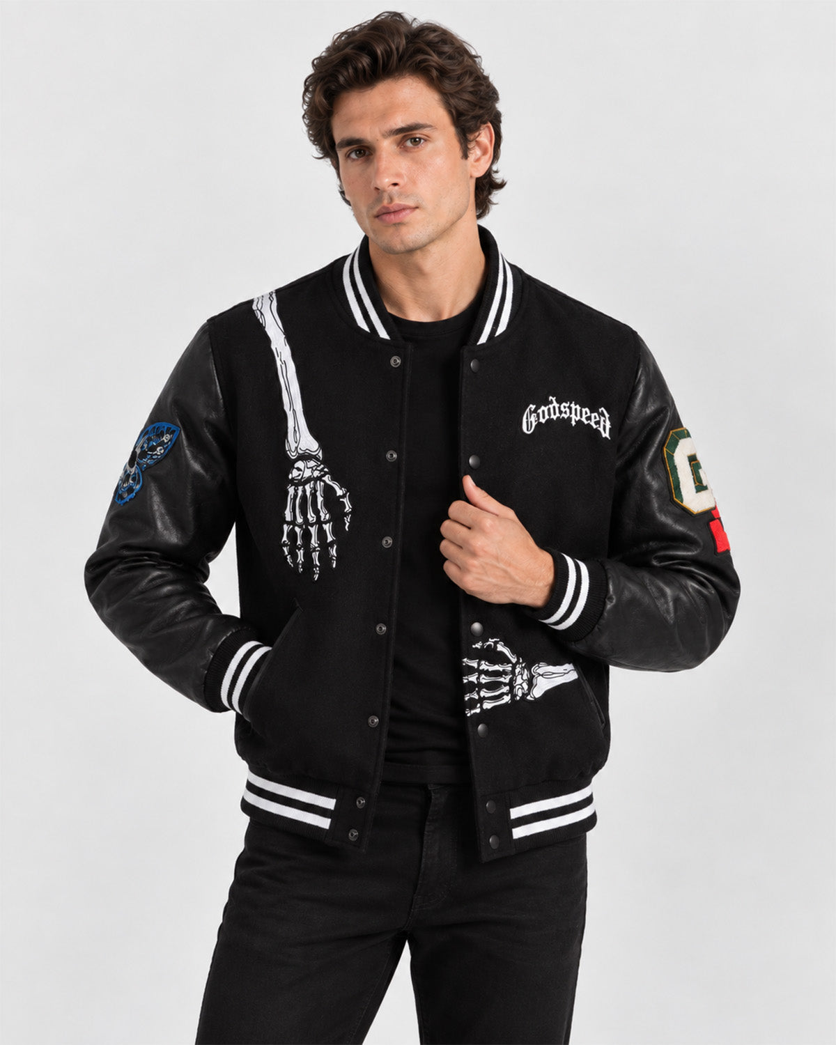 Men’s Skeleton Graphic Leather Sleeve Varsity Jacket