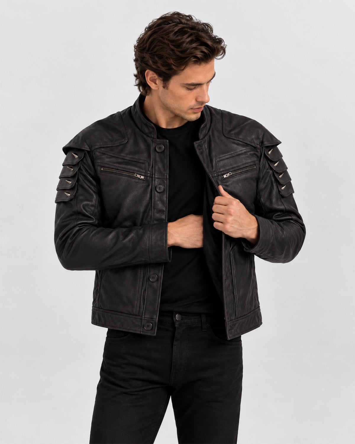 Men’s Black Leather Biker Jacket with Studded Sleeves