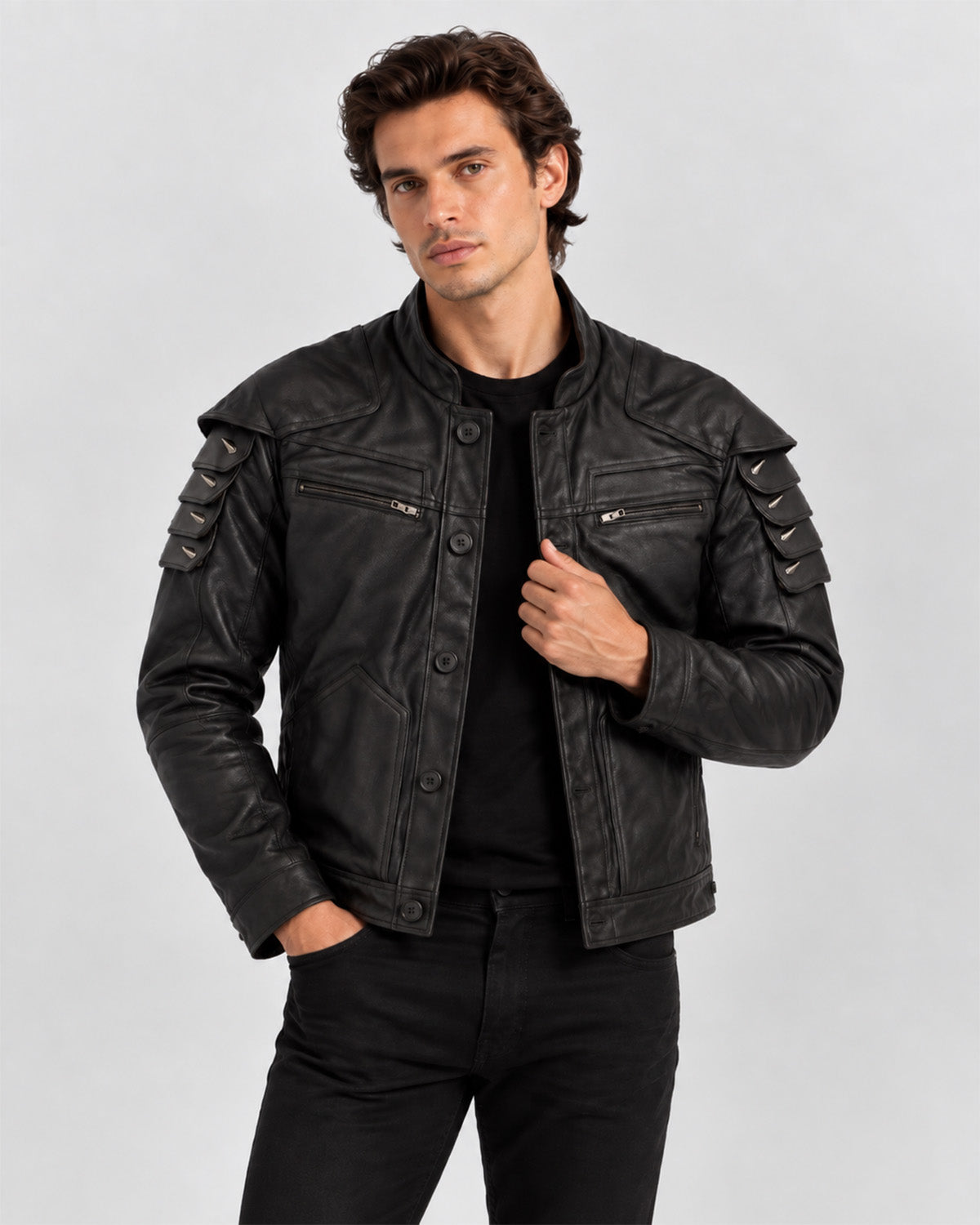 Men’s Black Leather Biker Jacket with Studded Sleeves