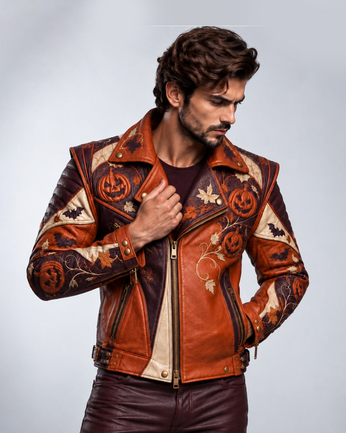 Men’s Halloween Pumpkin Leather Biker Jacket