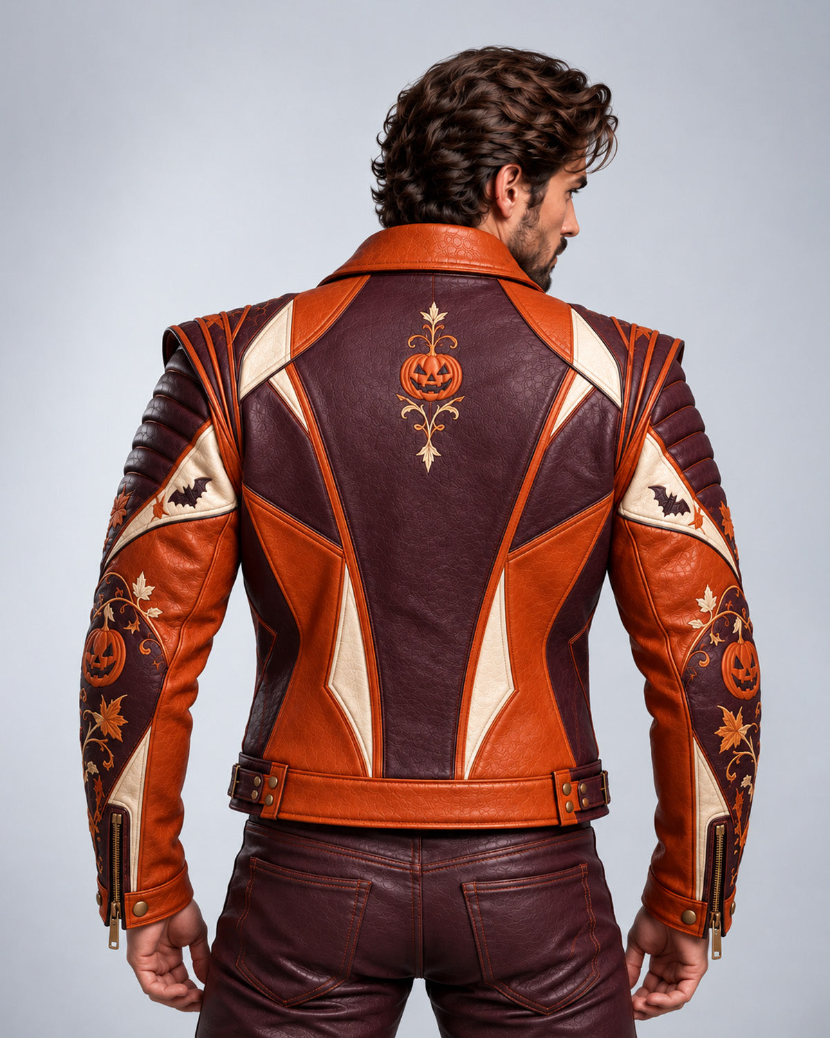 Men’s Halloween Pumpkin Leather Biker Jacket