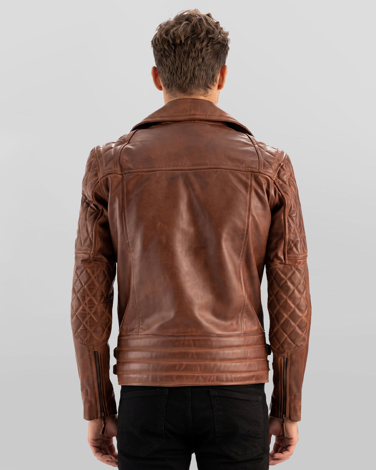 Men's Brown Quilted Biker Leather Jacket with Double Buckle Waist