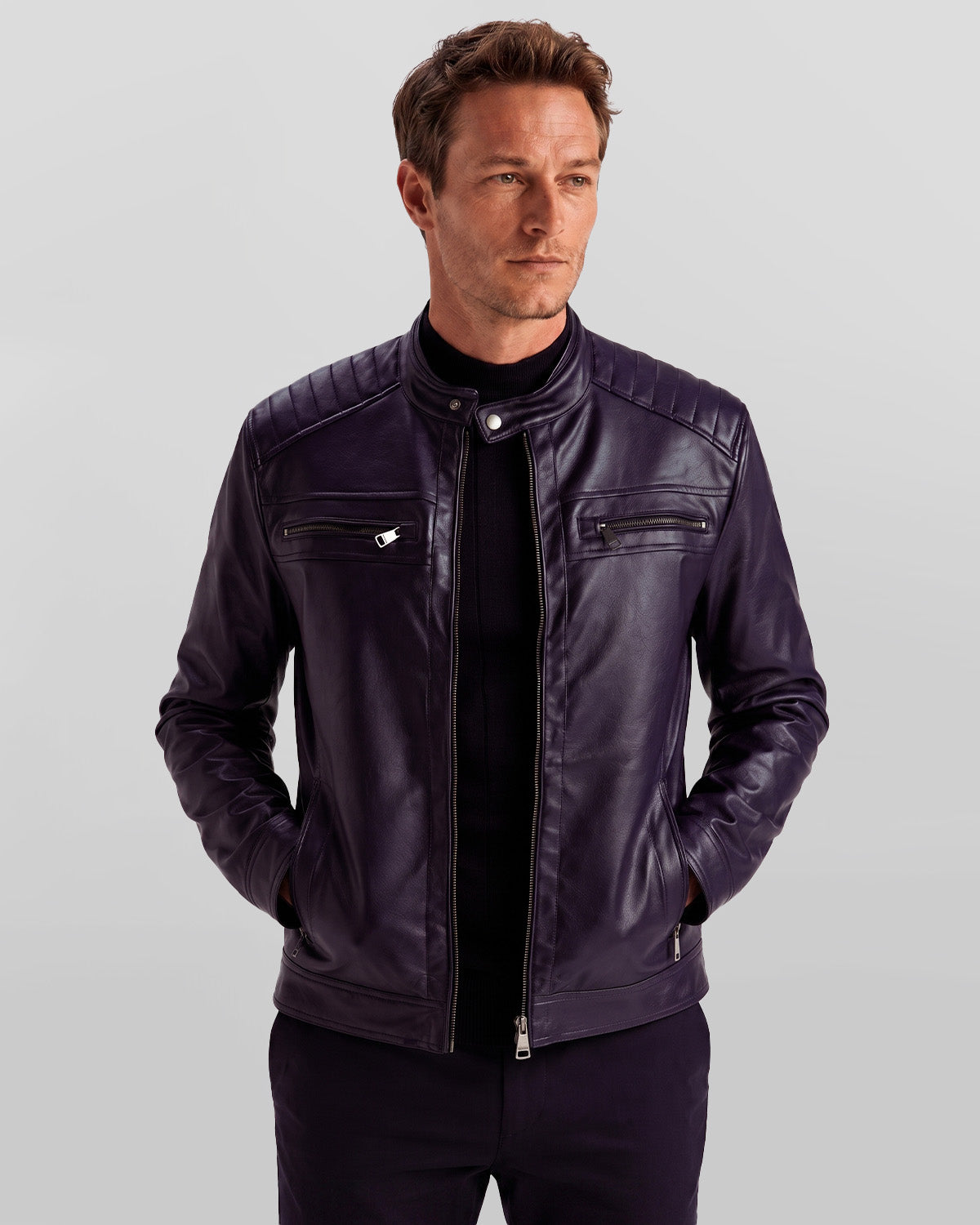Men's Purple Quilted Biker Leather Jacket