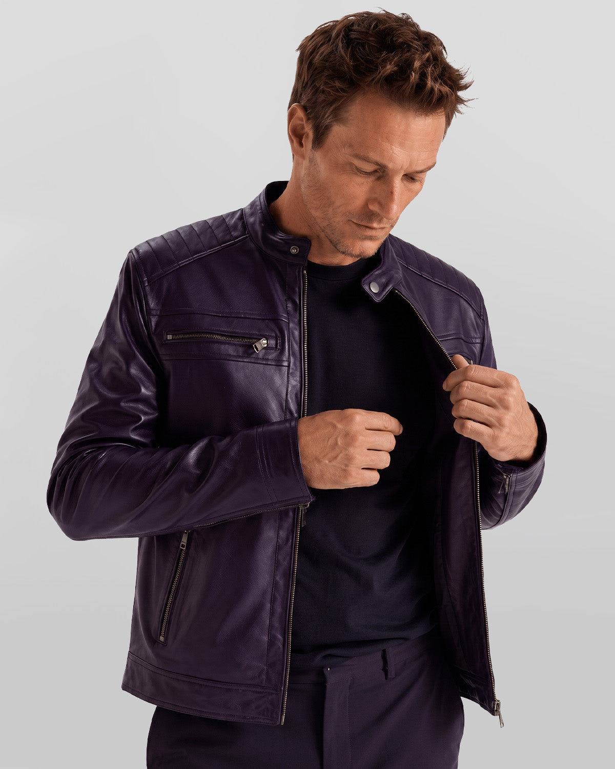 Men's Purple Quilted Biker Leather Jacket