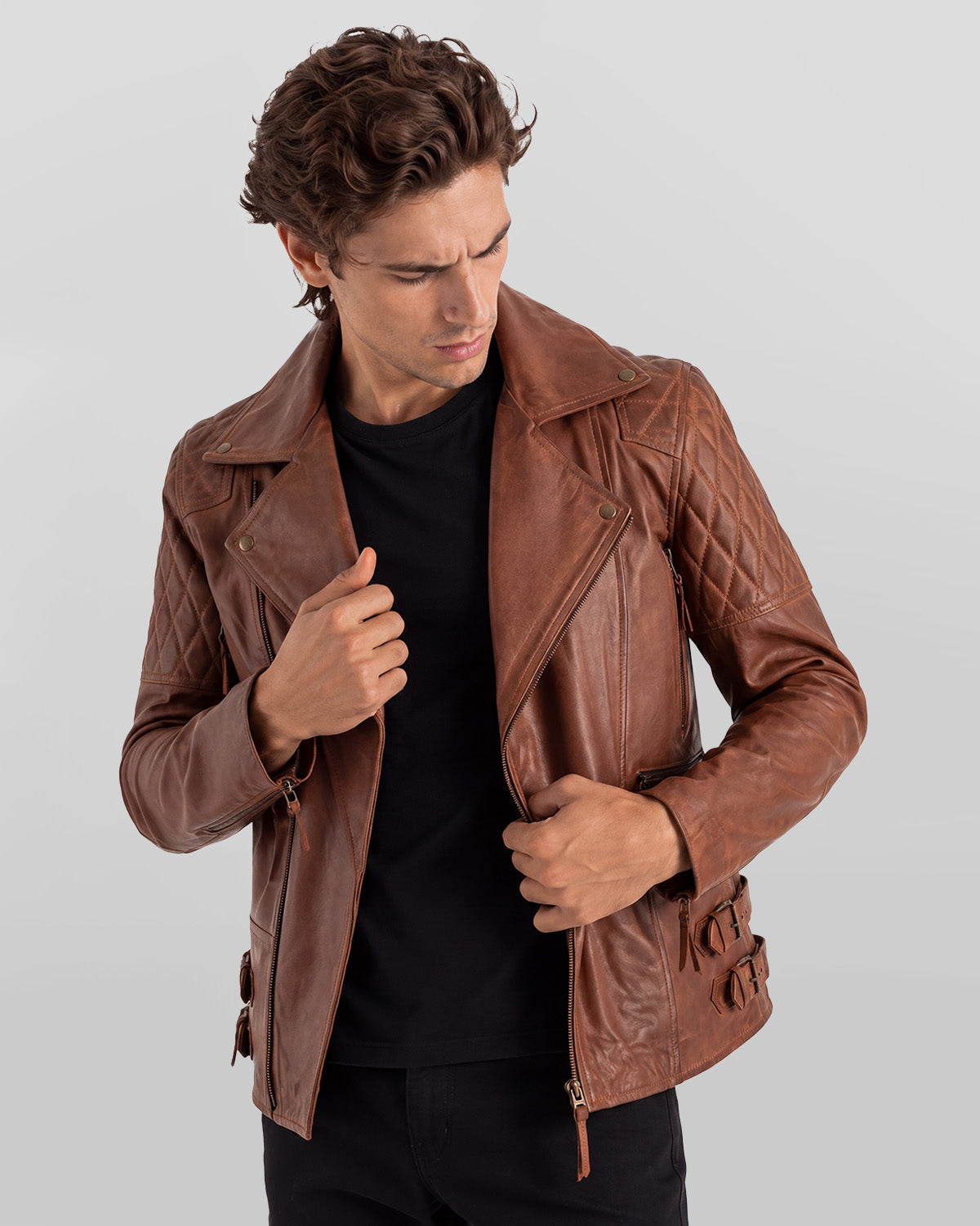 Men's Brown Quilted Biker Leather Jacket with Double Buckle Waist