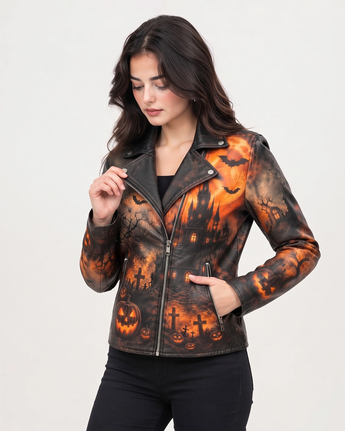 Women’s Halloween Haunted Castle Printed Leather Biker Jacket