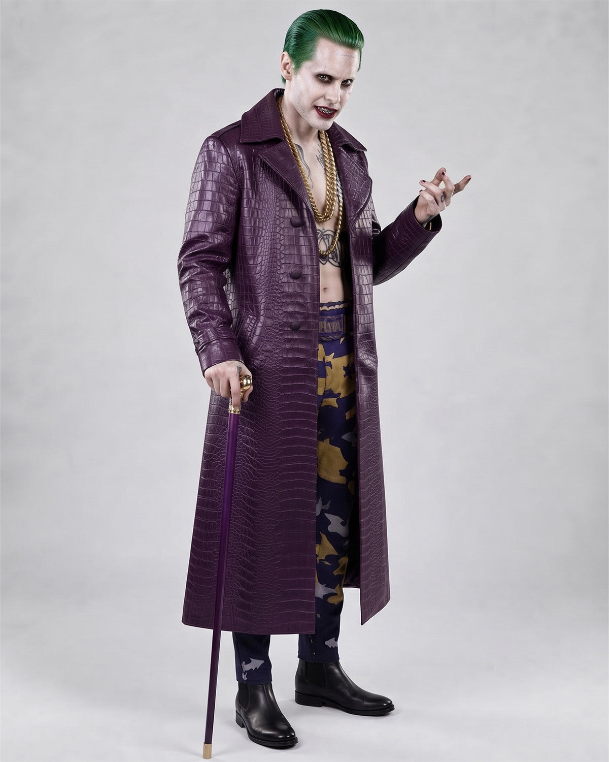 Men’s Purple Crocodile-Embossed Leather Trench Coat