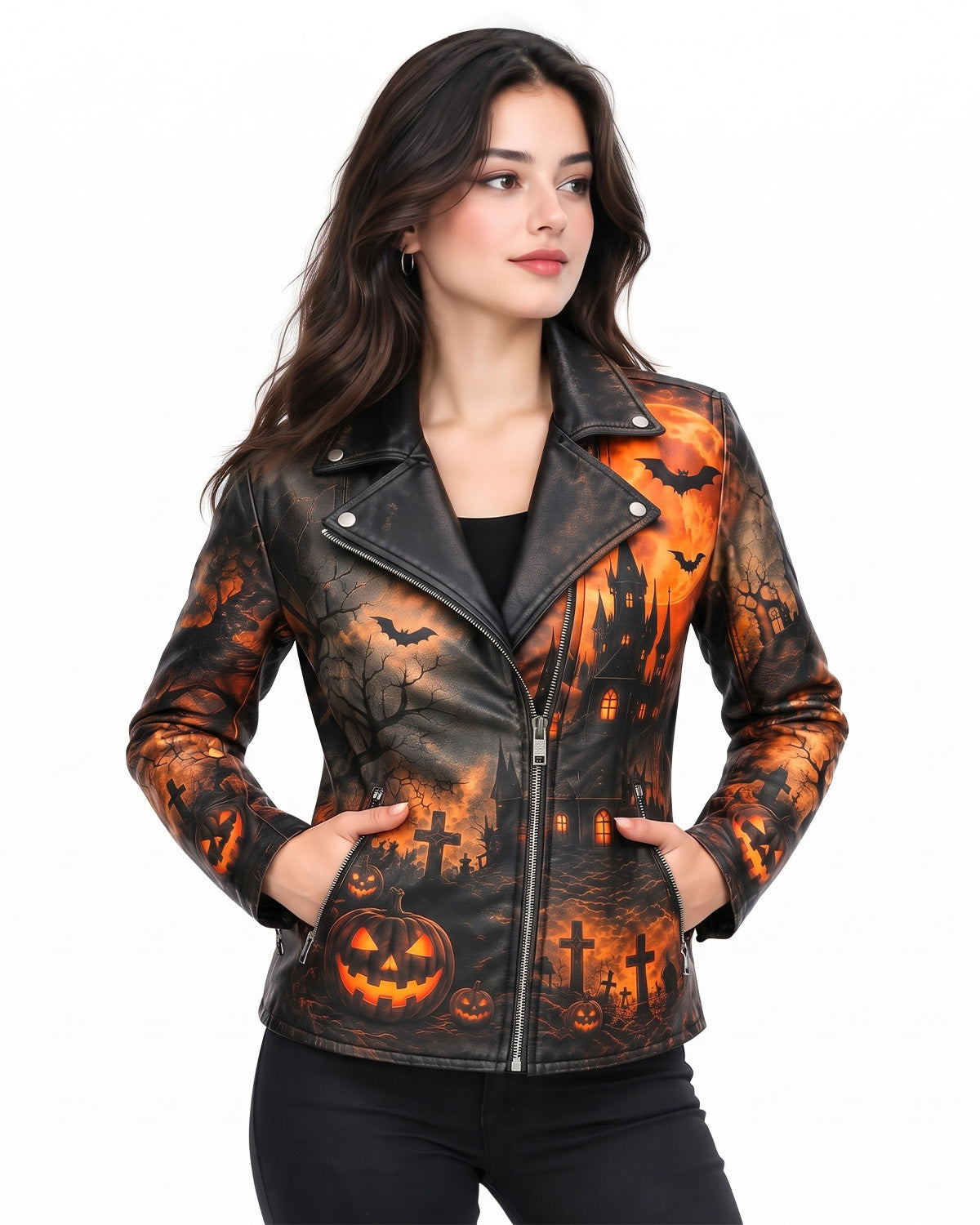 Women’s Halloween Haunted Castle Printed Leather Biker Jacket