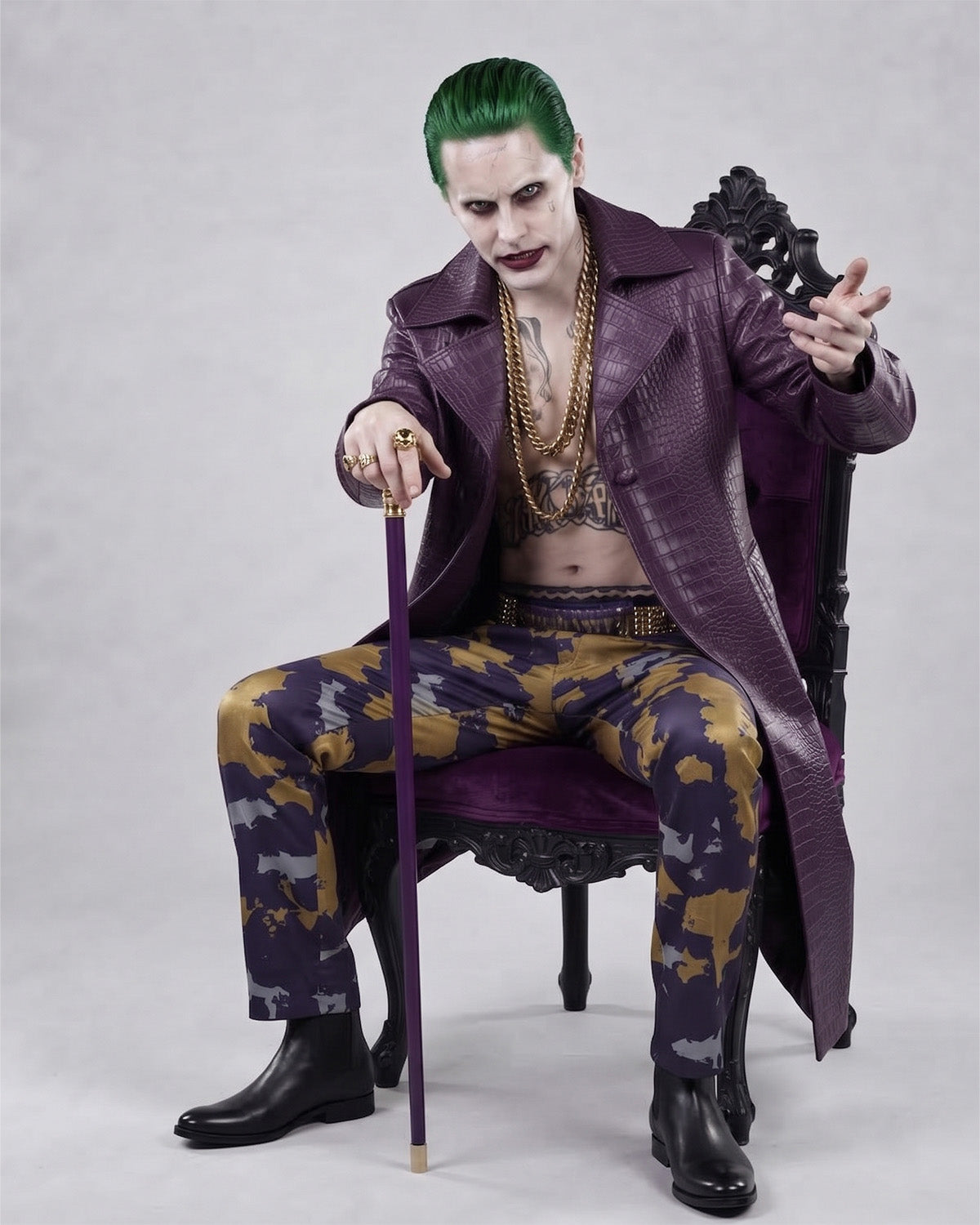 Men’s Purple Crocodile-Embossed Leather Trench Coat