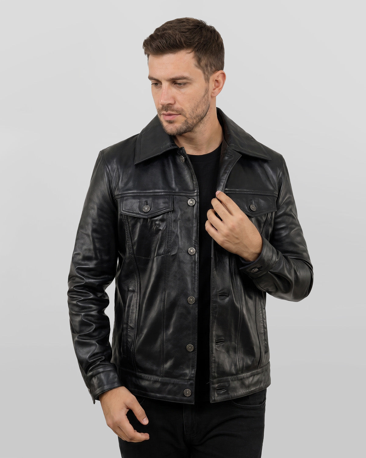 Men's Holland Black Real Leather Trucker Jacket
